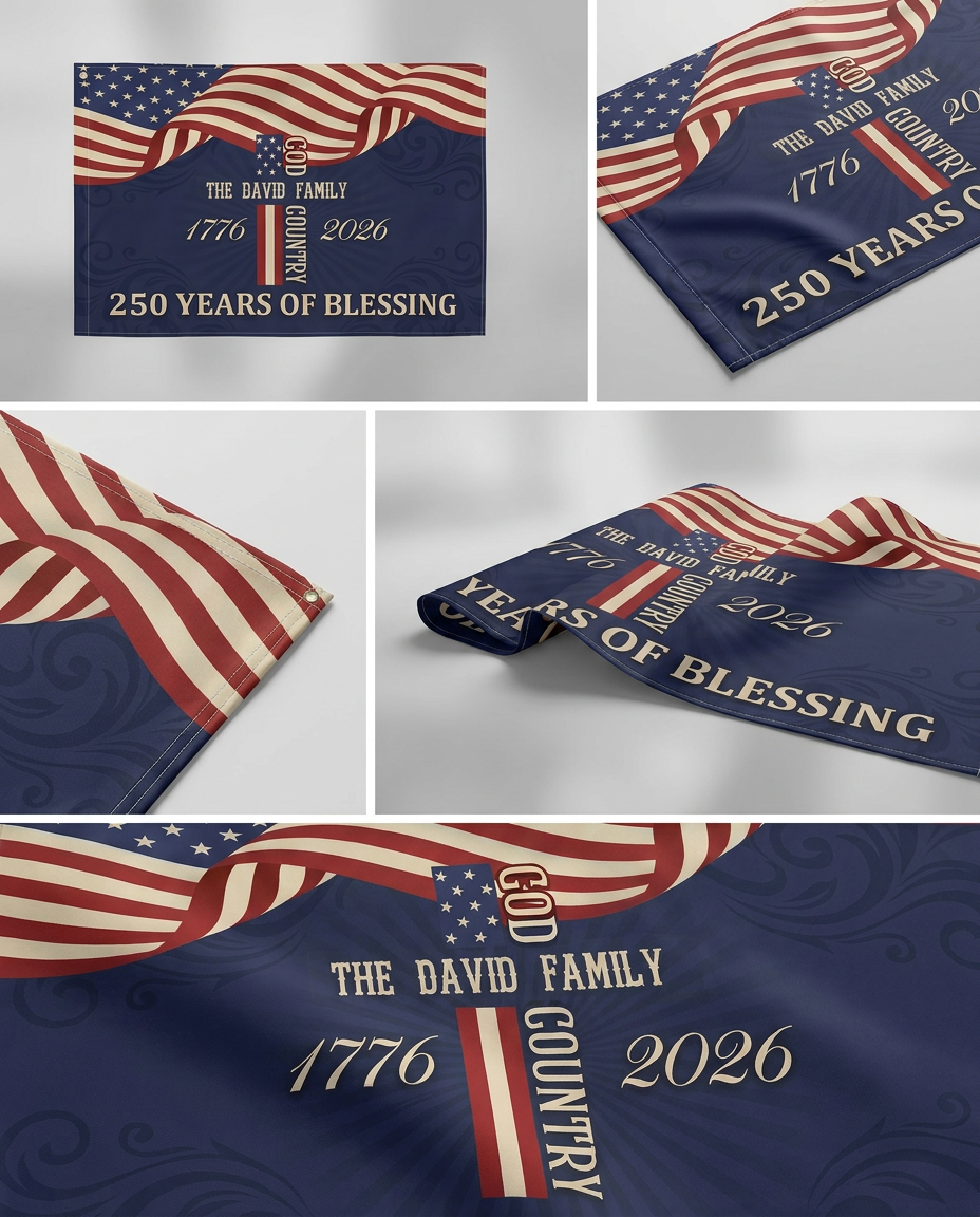 Custom Family Name Patriotic American, 250 Years of Blessing God House Flag Navy
