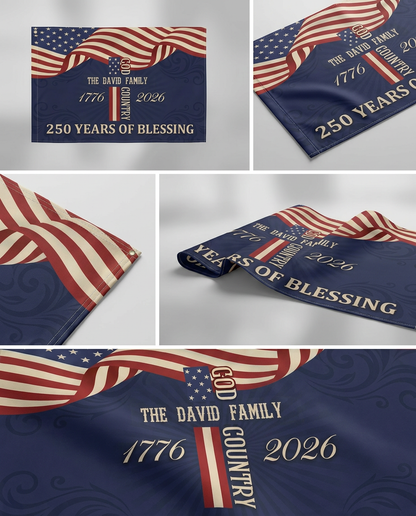 Custom Family Name Patriotic American, 250 Years of Blessing God House Flag Navy