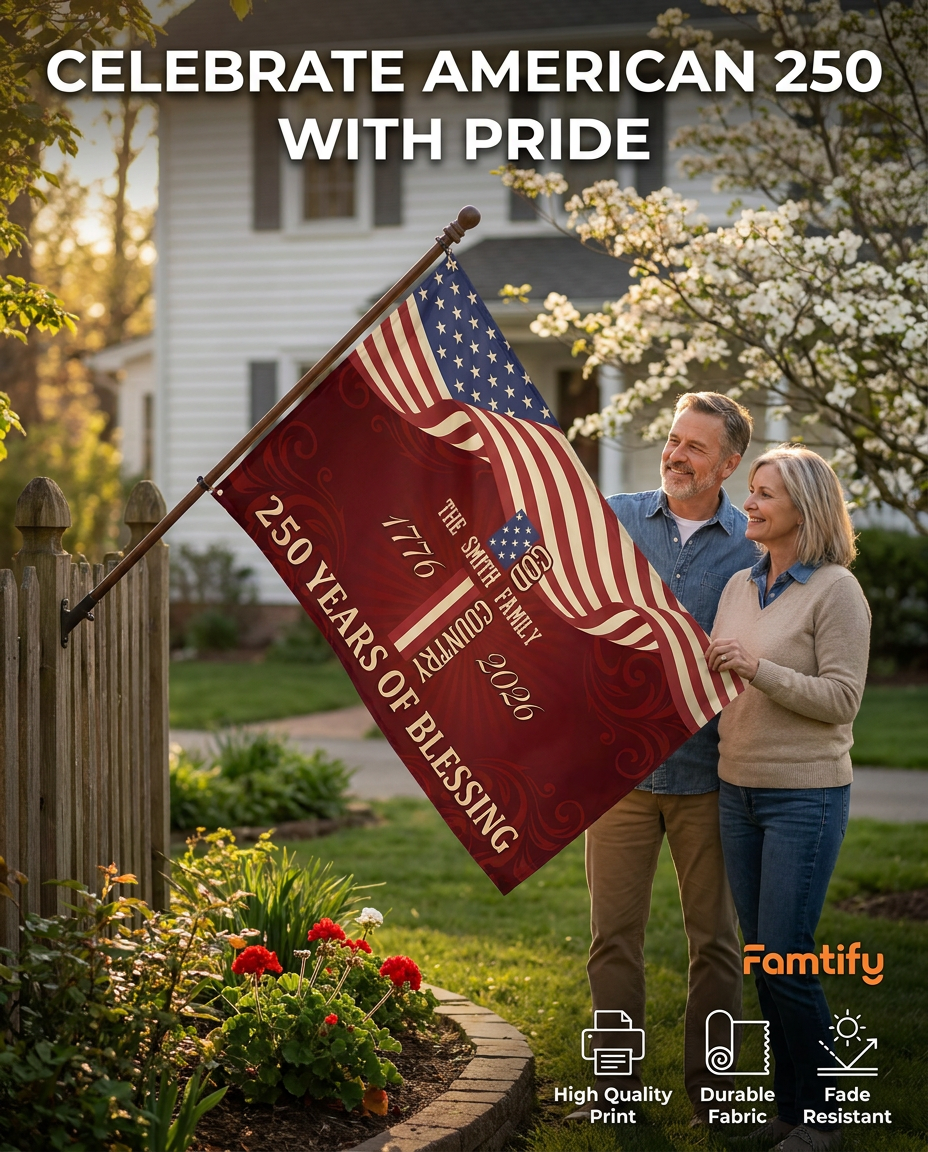 Custom Family Name Patriotic American, 250 Years of Blessing God House Flag Red