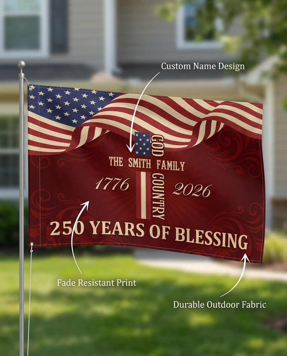Custom Family Name Patriotic American, 250 Years of Blessing God House Flag Red