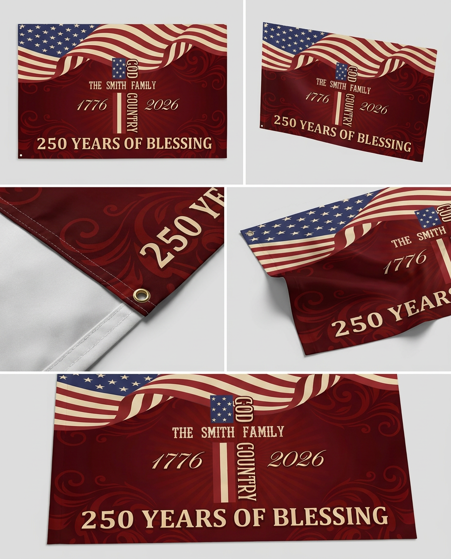 Custom Family Name Patriotic American, 250 Years of Blessing God House Flag Red