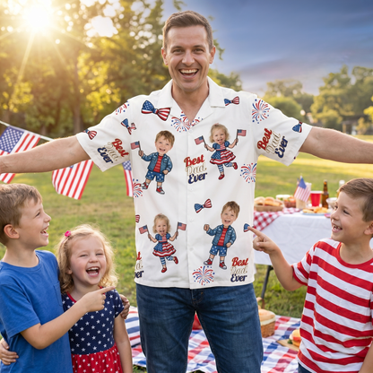Custom Face Patriotic Hawaiian Shirt – Personalized 4th of July Gift for Dad, Funny USA Family Aloha Shirt