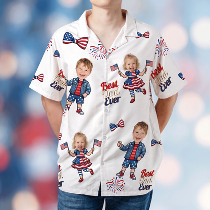 Custom Face Patriotic Hawaiian Shirt – Personalized 4th of July Gift for Dad, Funny USA Family Aloha Shirt