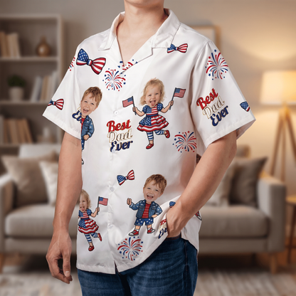 Custom Face Patriotic Hawaiian Shirt – Personalized 4th of July Gift for Dad, Funny USA Family Aloha Shirt
