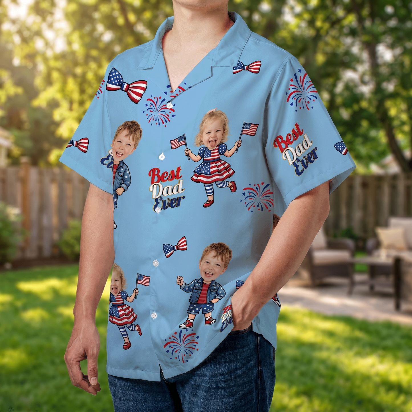 Custom Face Patriotic Hawaiian Shirt – Personalized 4th of July Gift for Dad, Funny USA Family Aloha Shirt
