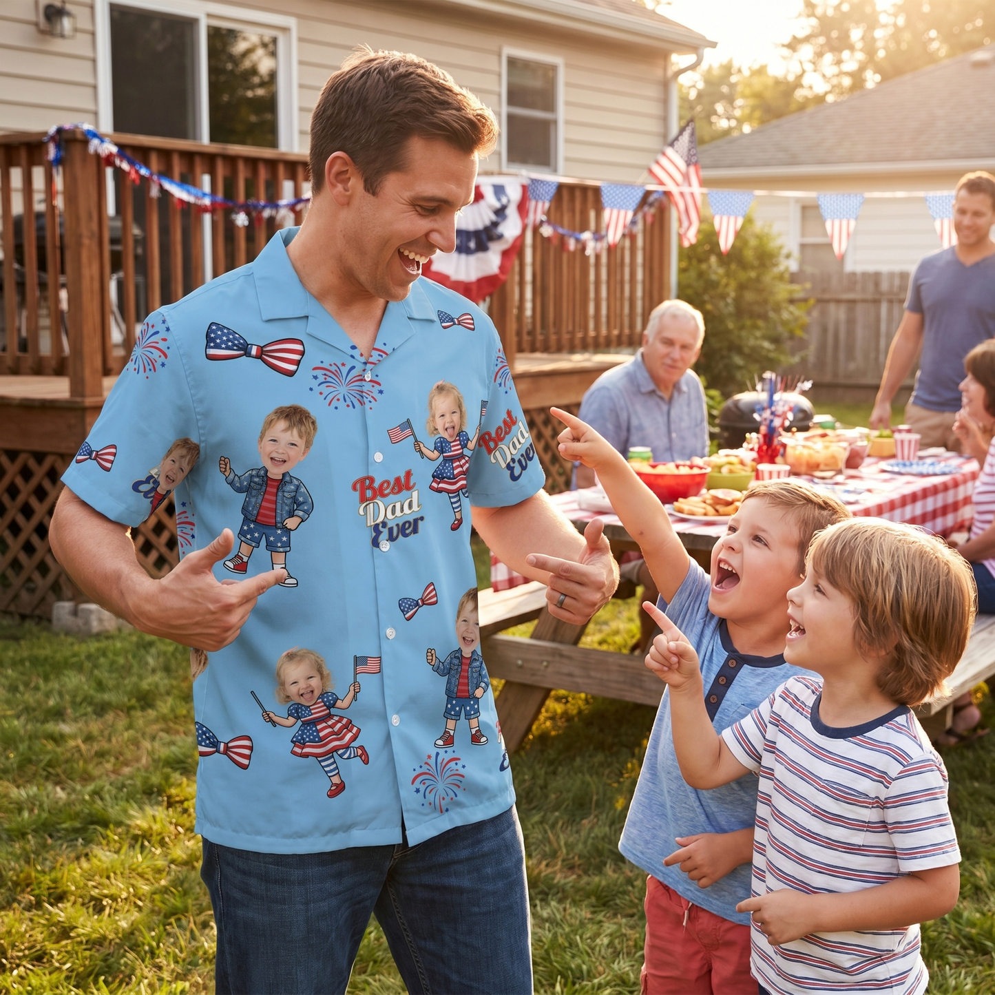 Custom Face Patriotic Hawaiian Shirt – Personalized 4th of July Gift for Dad, Funny USA Family Aloha Shirt