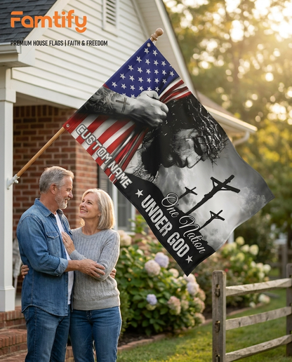 One Nation Under God With Family Name - Personalized Banner House Flag