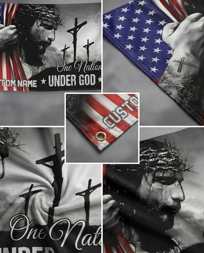 One Nation Under God With Family Name - Personalized Banner House Flag