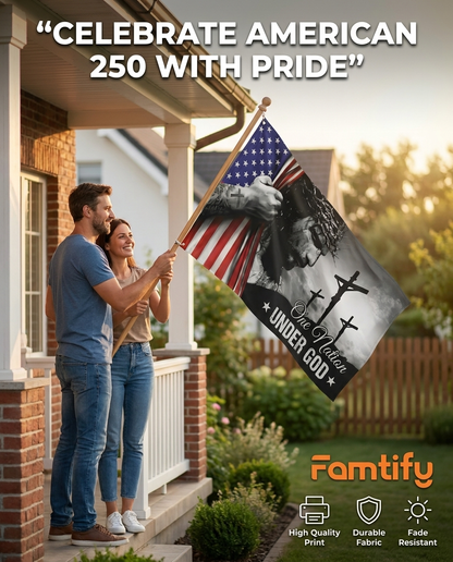One Nation Under God With Family Name - Personalized Banner House Flag