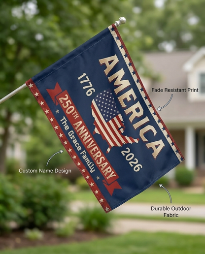 Personalized Family Name America 250th Anniversary Banner House Flag Navy
