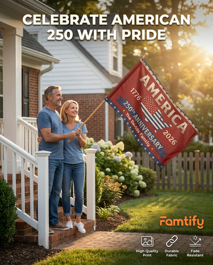 Personalized Family Name America 250th Anniversary Banner House Flag Red