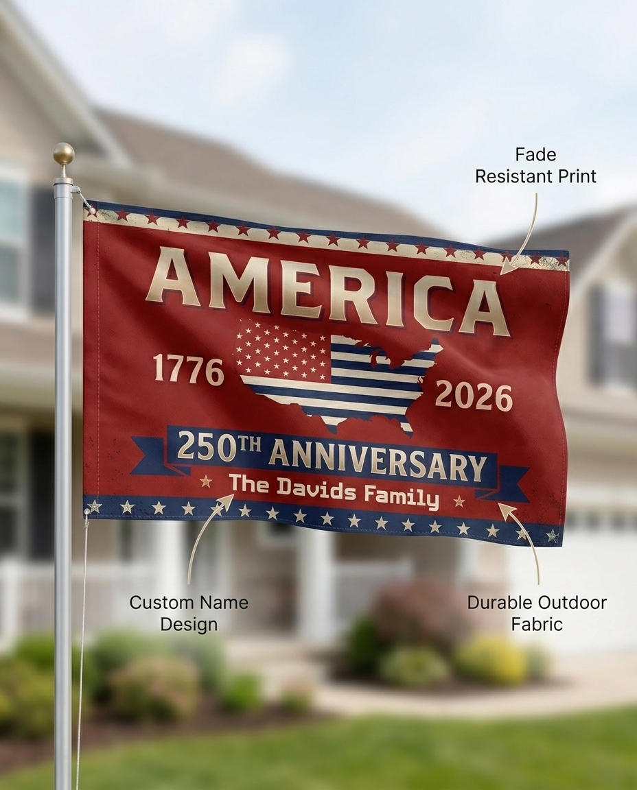 Personalized Family Name America 250th Anniversary Banner House Flag Red