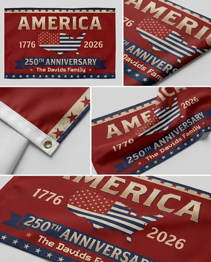 Personalized Family Name America 250th Anniversary Banner House Flag Red
