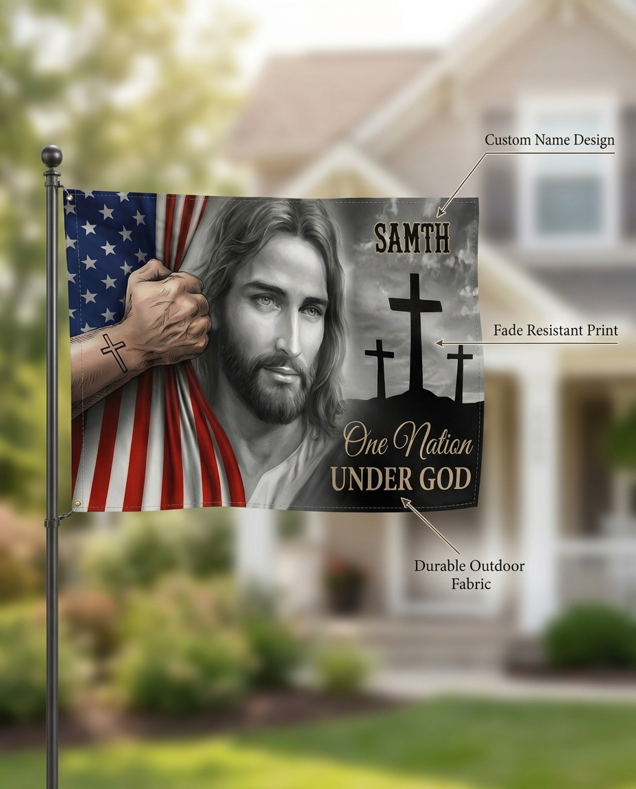 Personalized Family Name One Nation Under God Banner House Flag
