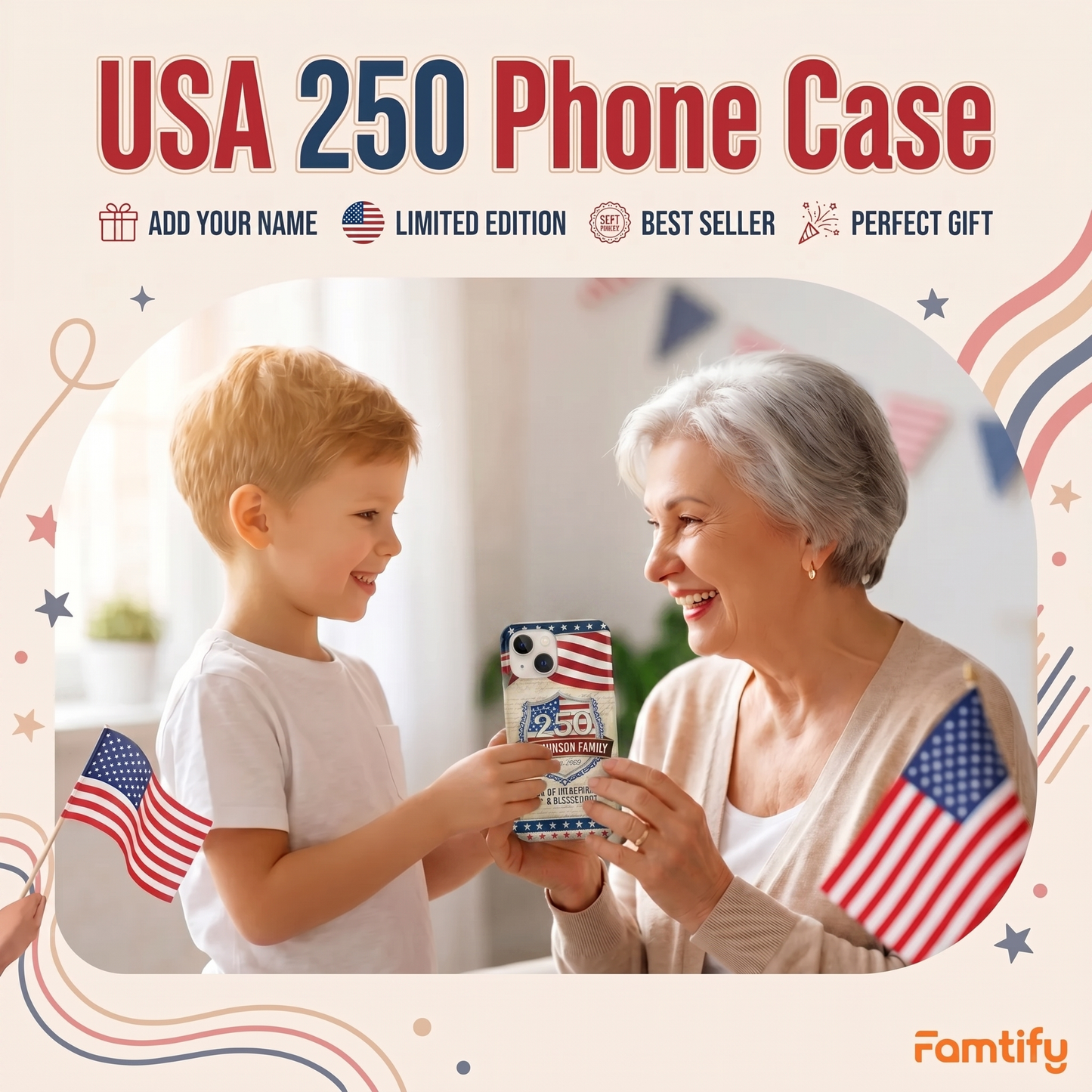Custom Family Name Patriotic American, 250 Years of Blessing God Phone Case