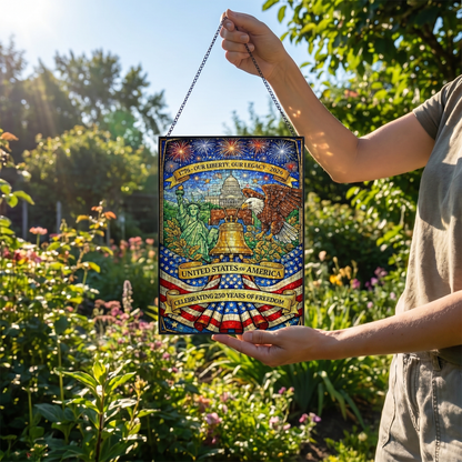 USA 250th Anniversary Stained Glass Suncatcher – Liberty Bell Eagle 1776–2026 Patriotic Window Hanging Decor