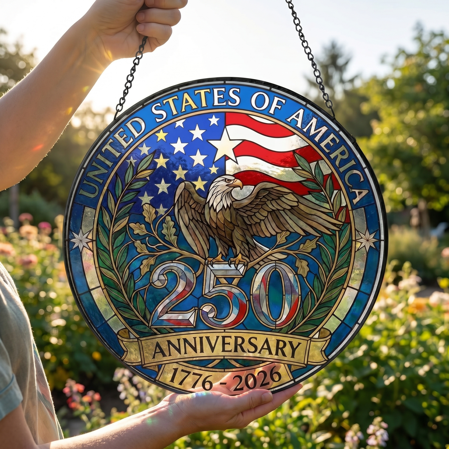 USA 250th Anniversary Stained Glass Suncatcher – Eagle Freedom Window Hanging Decor 1776–2026