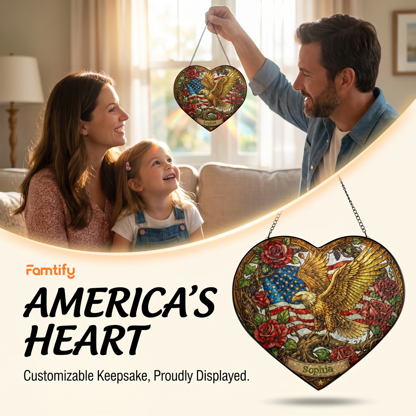 Personalized Eagle & Roses Stained Glass Heart Suncatcher – Patriotic USA Window Hanging Decor