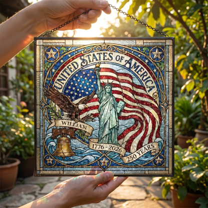 Personalized United States of America 250 Years Stained Glass Suncatcher Statue of Liberty Window Decor