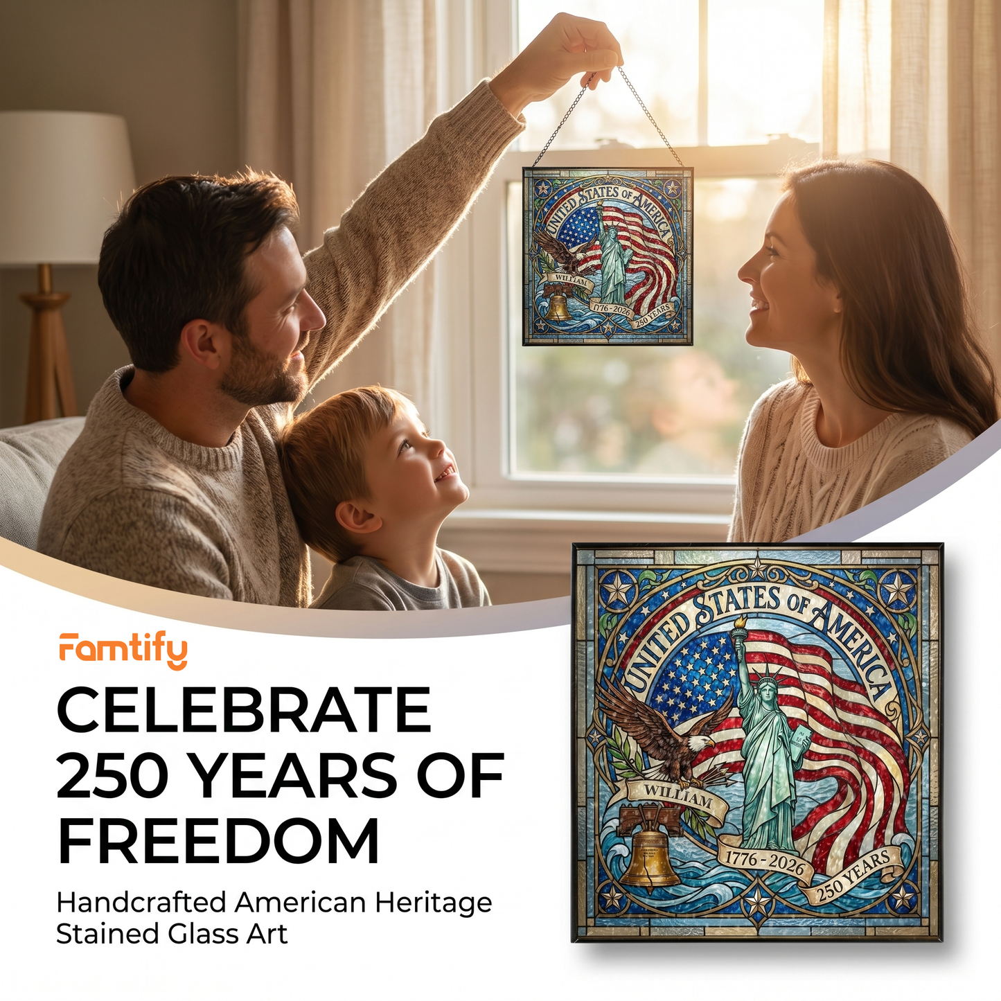 Personalized United States of America 250 Years Stained Glass Suncatcher Statue of Liberty Window Decor