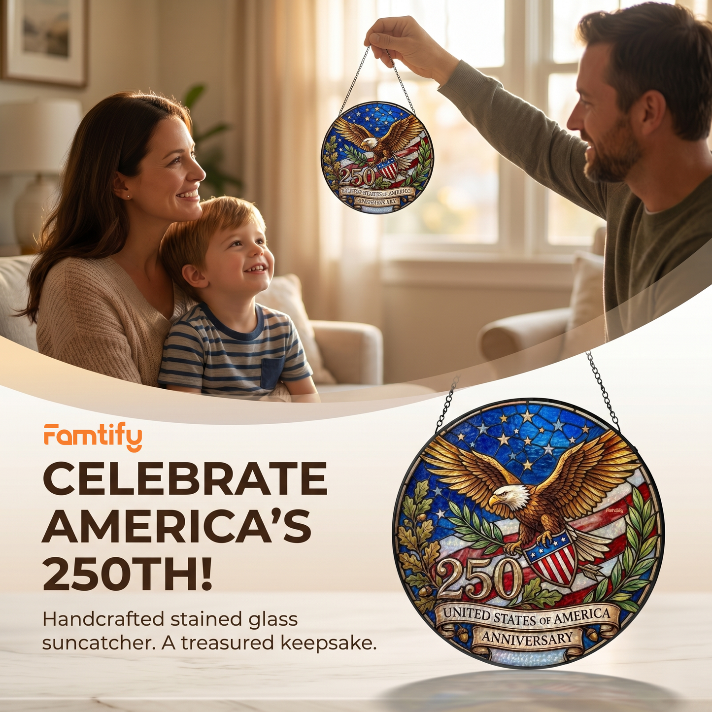 USA 250th Anniversary Eagle Stained Glass Suncatcher Patriotic Window Hanging Decor
