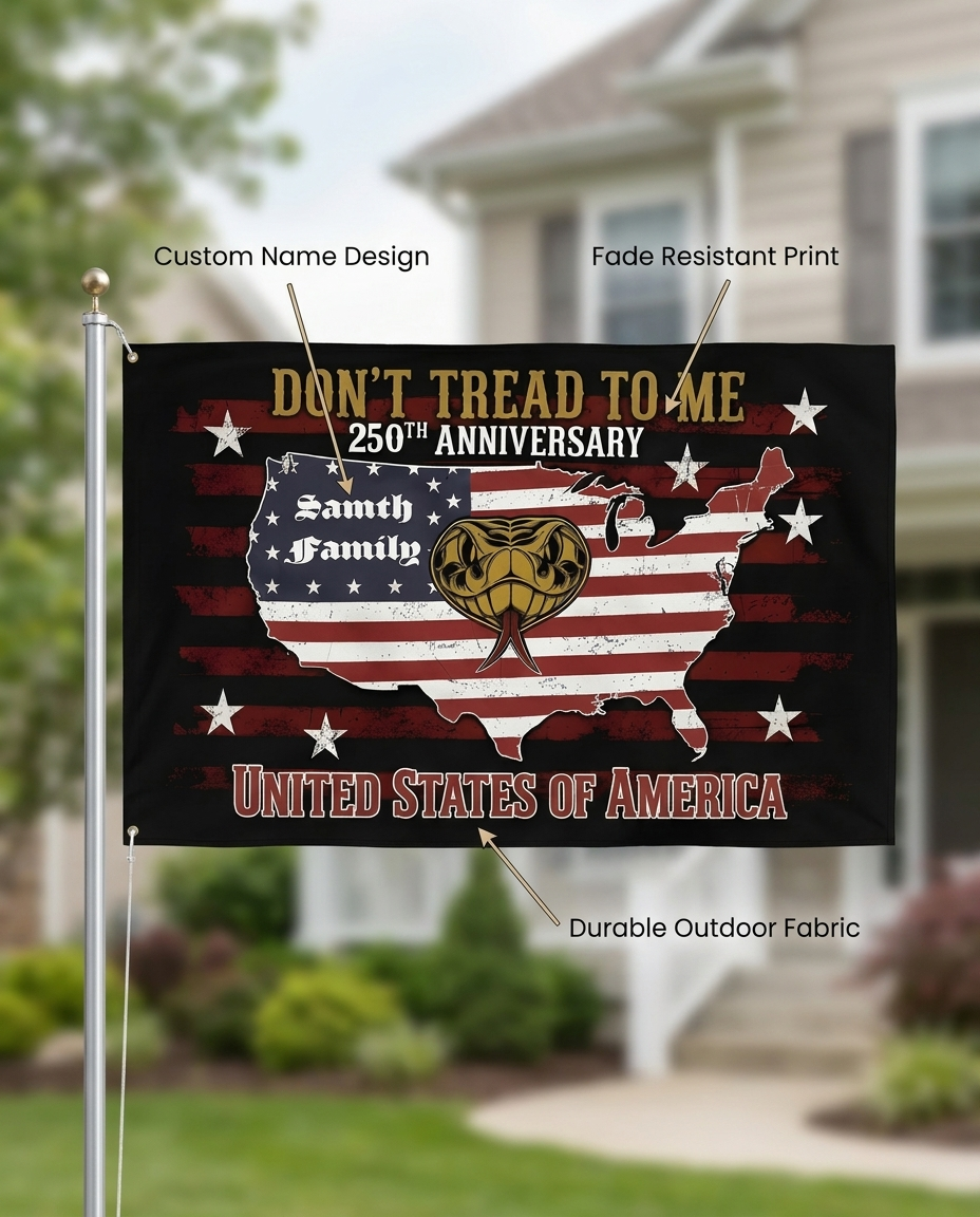 USA 250th Anniversary House Flag - Don’t Tread On Me Patriotic Design