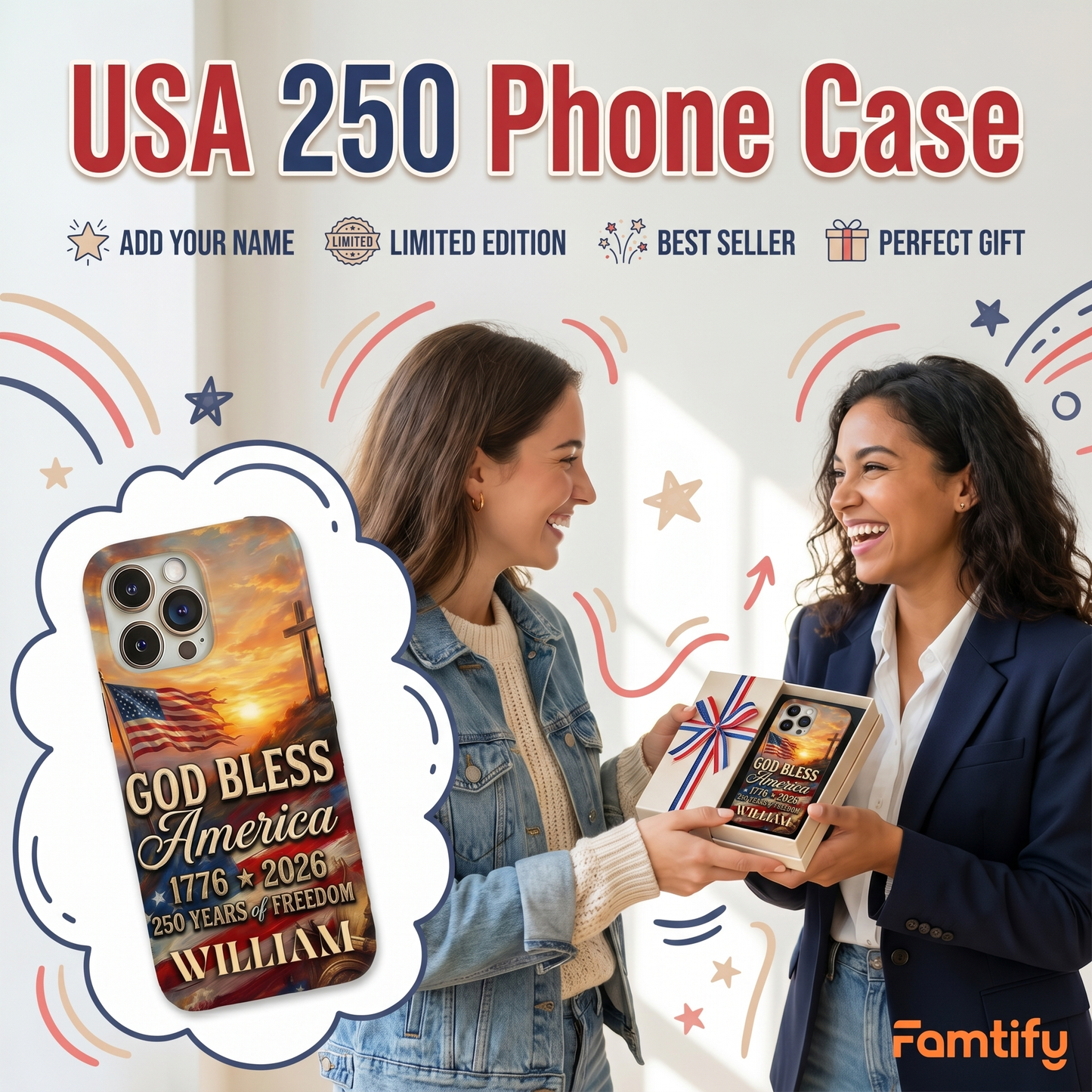 Custom Name Patriotic 250th Anniversary God Bless America Eagle 1776–2026 Phone Case