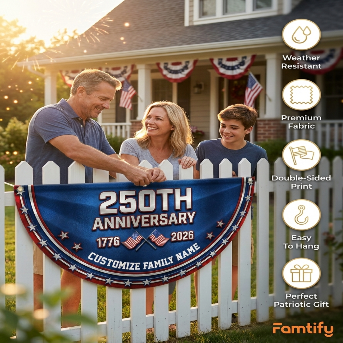 Custom Family Name 250th Anniversary 1776-2026 America Non-Pleated Fan Flag