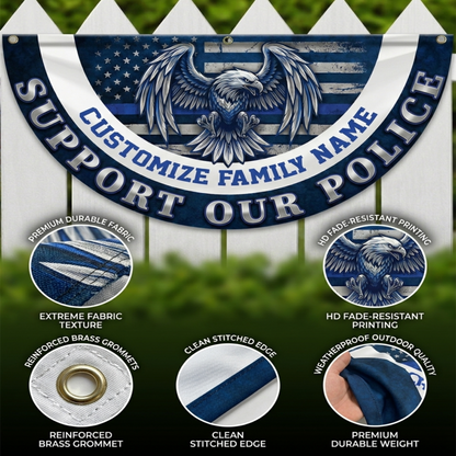 Custom Family Name American Flag Thin Blue Line Eagle Back Non-Pleated Fan Flag