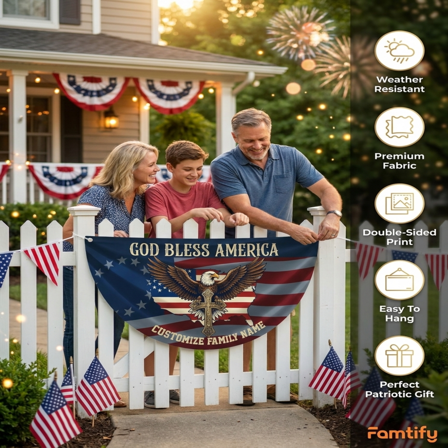 Custom Family Name Patriotic 250th Anniversary God Bless America Eagle 1776–2026 Non-Pleated Fan Flag