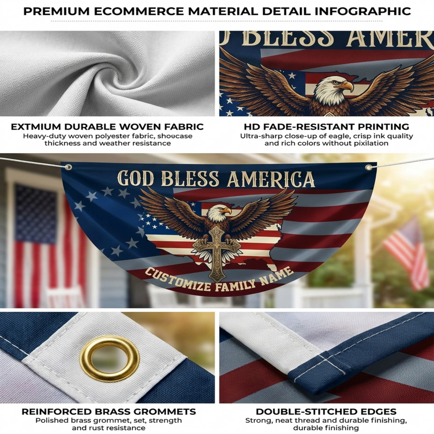 Custom Family Name Patriotic 250th Anniversary God Bless America Eagle 1776–2026 Non-Pleated Fan Flag