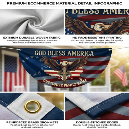 Custom Family Name Patriotic 250th Anniversary God Bless America Eagle 1776–2026 Non-Pleated Fan Flag