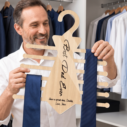 Personalized Tie Hanger for Dad – “Best Dad Ever” Wooden Organizer Gift