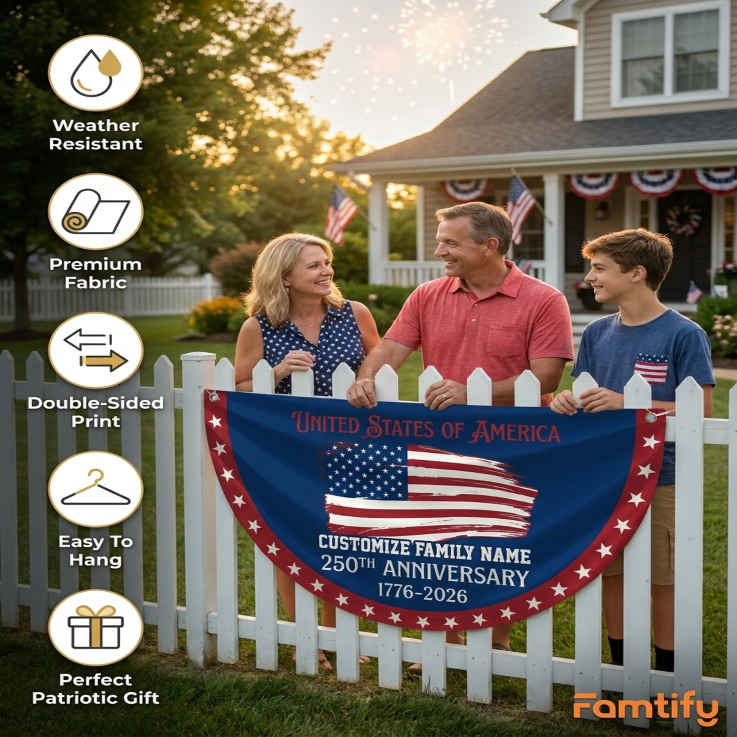 Custom Family Name USA 250th Anniversary Non-Pleated Fan Flag Navy