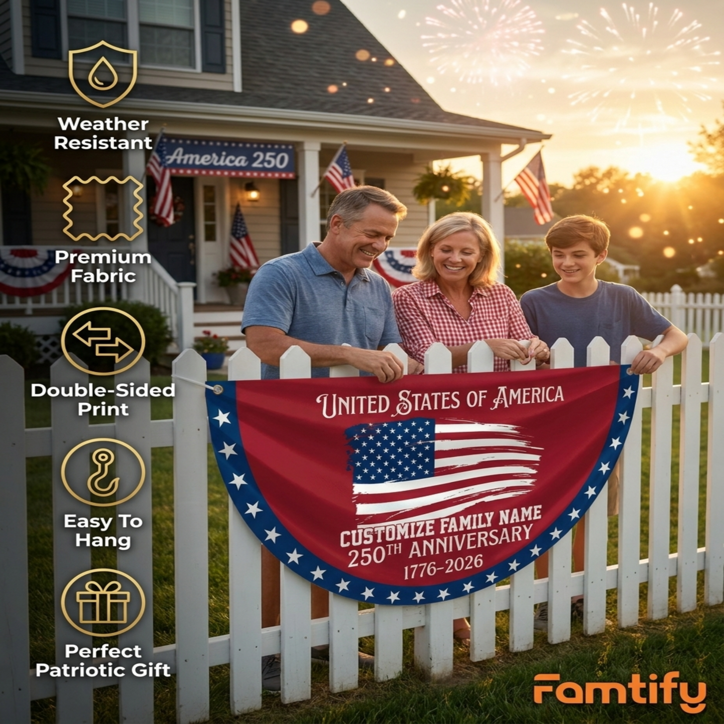 Custom Family Name USA 250th Anniversary Non-Pleated Fan Flag Red
