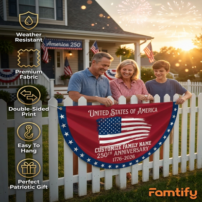 Custom Family Name USA 250th Anniversary Non-Pleated Fan Flag Red