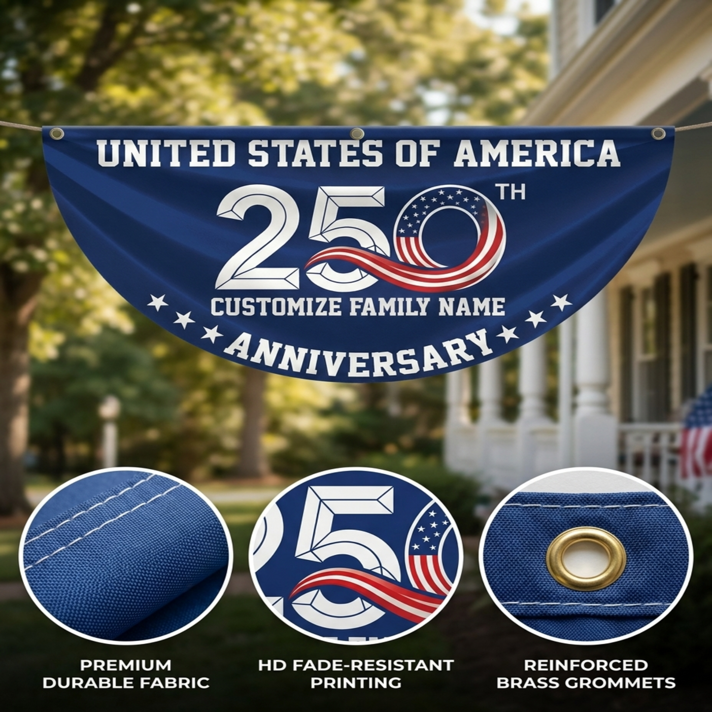 Patriotic 250th Anniversary 1776 2026 United States of America Non-Pleated Fan Flag Navy
