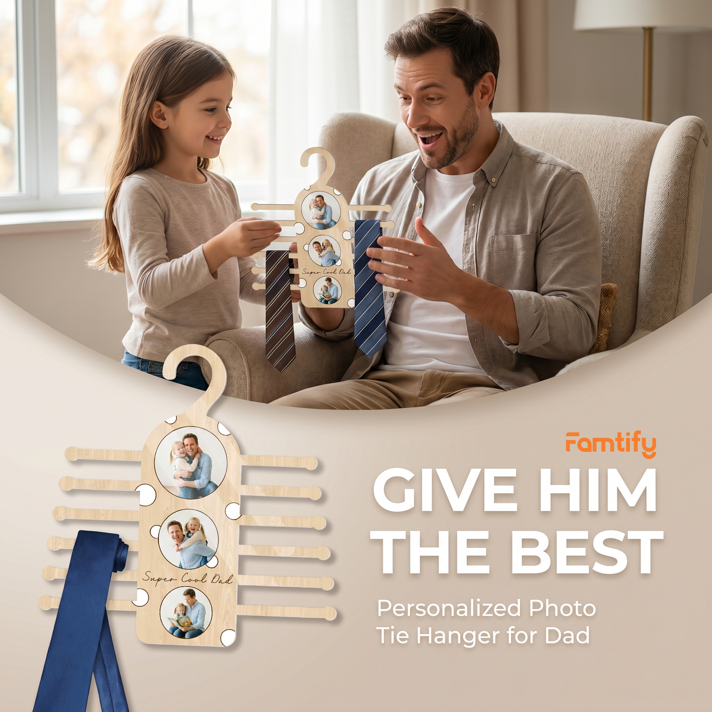 Personalized “Super Cool Dad” Tie Hanger – Custom Photo Wooden Organizer Gift