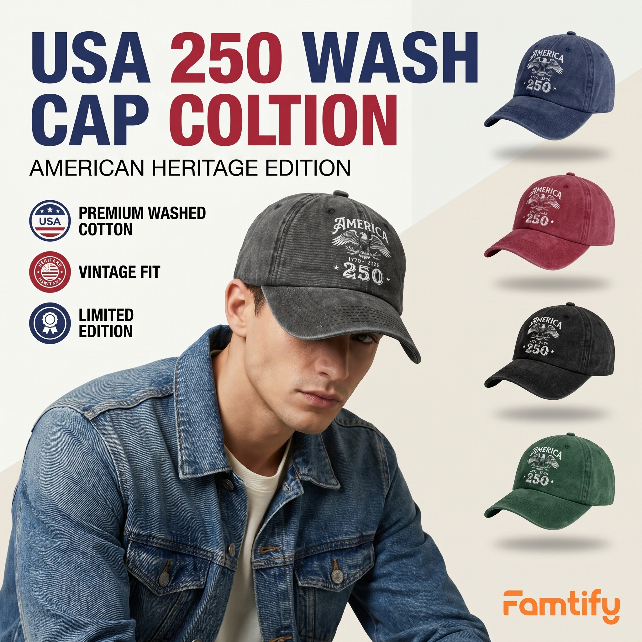 America 250 Years Happy 250th Birthday USA Washed Denim Baseball Cap