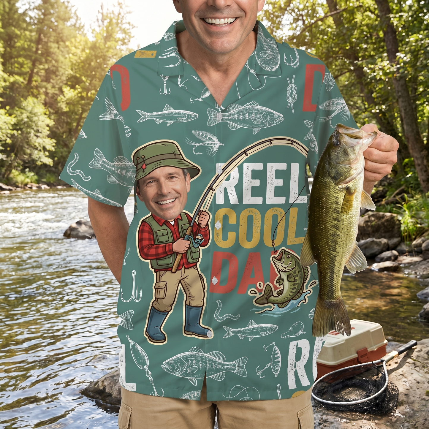 Personalized Hawaiian Shirt for Dad – “Reel Cool Dad” Fishing Gift