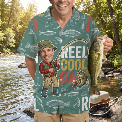 Personalized Hawaiian Shirt for Dad – “Reel Cool Dad” Fishing Gift