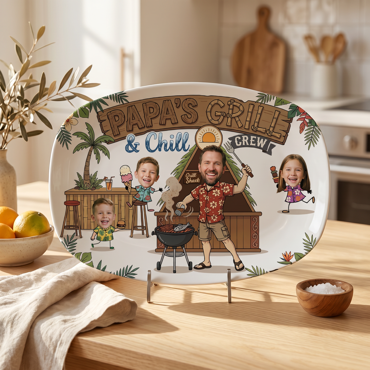 Personalized “Papa’s Grill And Chill Crew” Decorative Plate – BBQ Family Keepsake