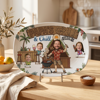 Personalized “Papa’s Grill And Chill Crew” Decorative Plate – BBQ Family Keepsake