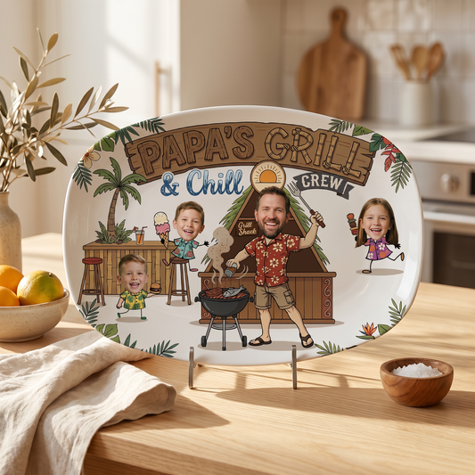 Personalized “Papa’s Grill And Chill Crew” Decorative Plate – BBQ Family Keepsake