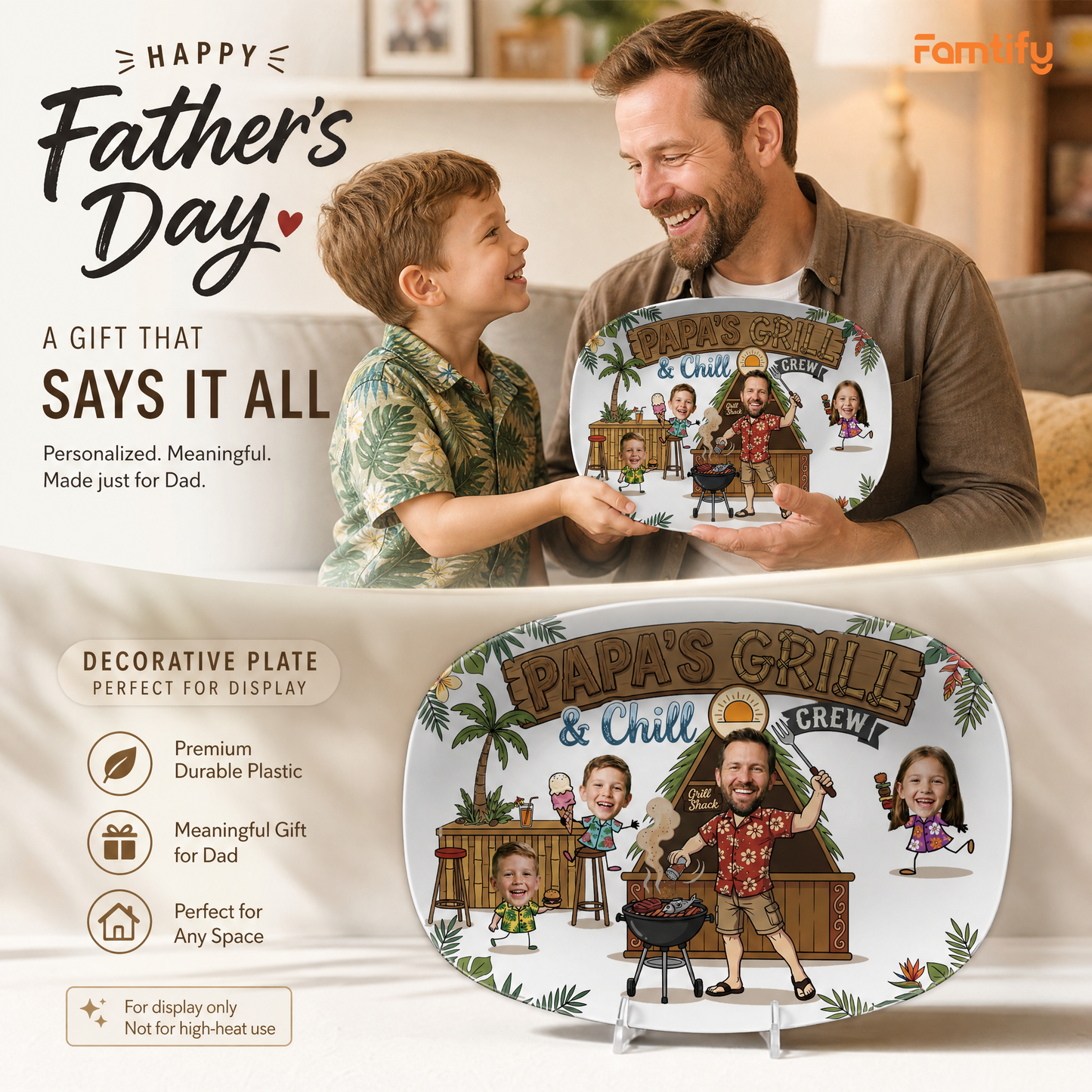 Personalized “Papa’s Grill And Chill Crew” Decorative Plate – BBQ Family Keepsake