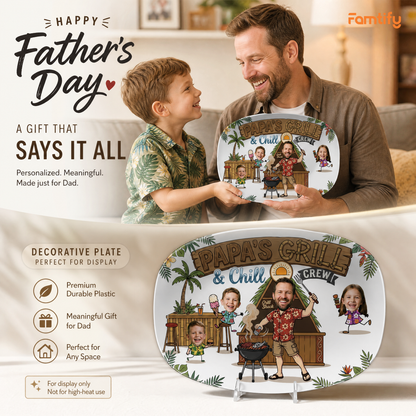 Personalized “Papa’s Grill And Chill Crew” Decorative Plate – BBQ Family Keepsake