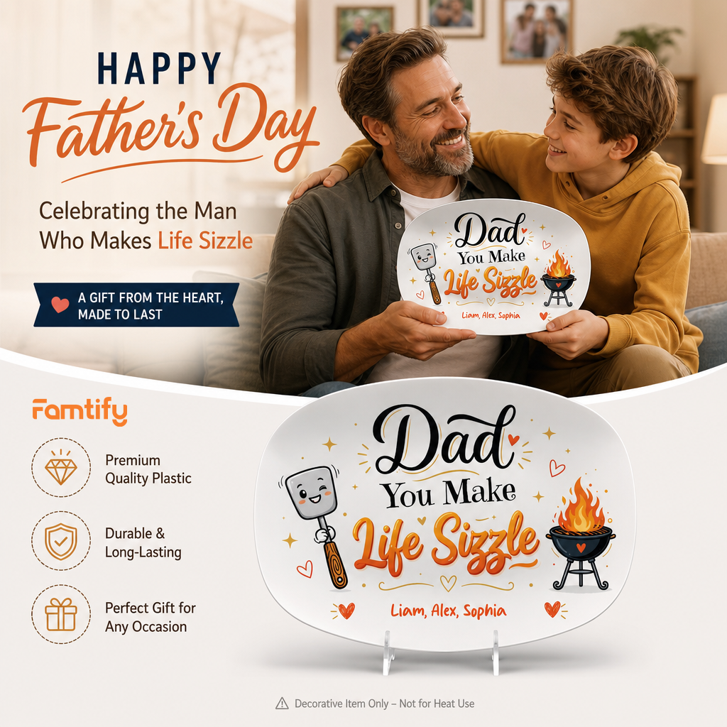 Personalized “Dad You Make Life Sizzle” Decorative Plate – BBQ Keepsake for Dad