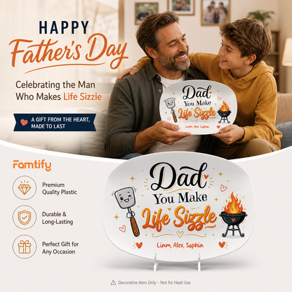 Personalized “Dad You Make Life Sizzle” Decorative Plate – BBQ Keepsake for Dad