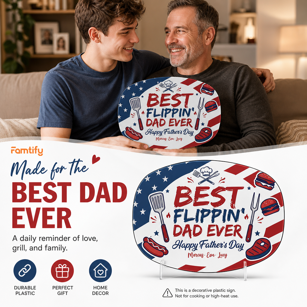 Personalized “Best Flippin’ Dad Ever” Decorative Plate – BBQ Keepsake for Dad