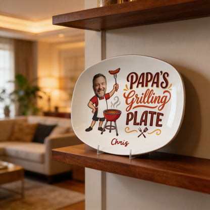 Personalized Papa’s Grilling Plate – Custom Photo & Name BBQ Decoration